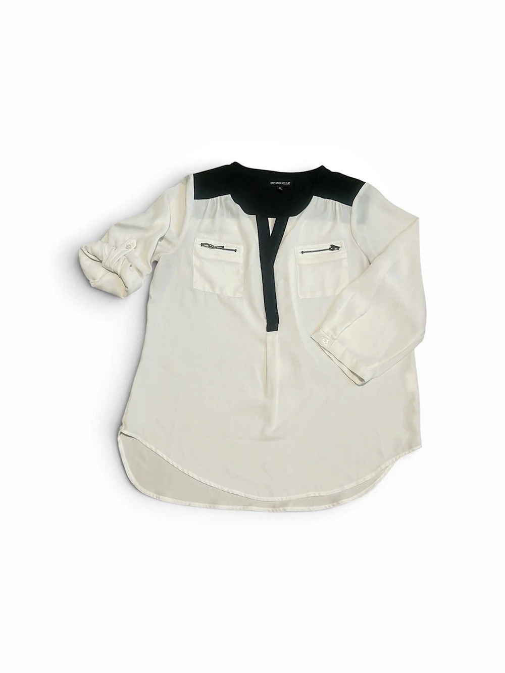My Michelle Womens Blouse M Medium White Black Colorblock Top Work